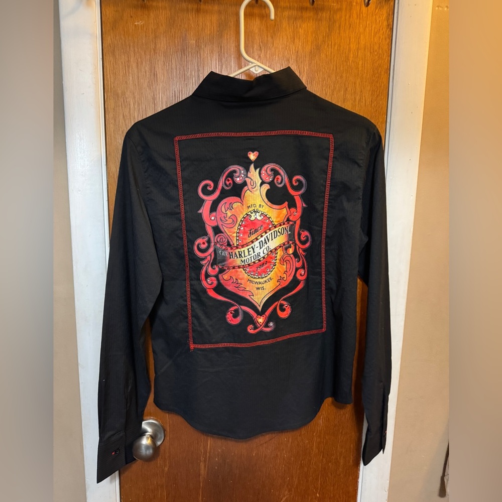 Harley Davidson Shirt Womens Large Black Striped Bling Biker Hog Logo Workwear M
